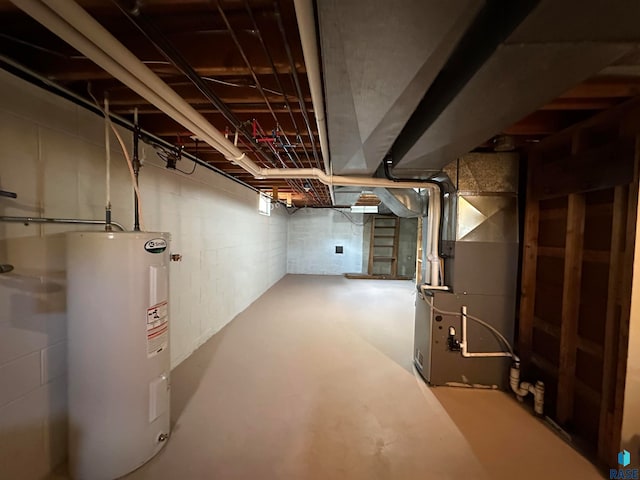 basement with heating unit and water heater