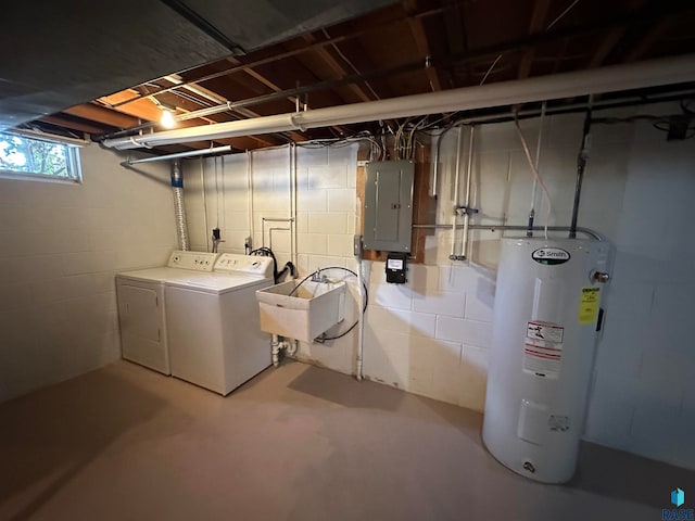 basement with sink, washer and dryer, electric water heater, and electric panel