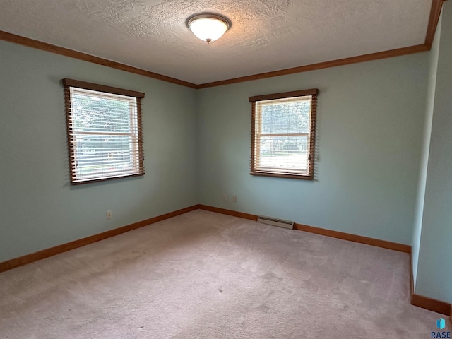 carpeted empty room featuring ornamental molding and a textured ceiling