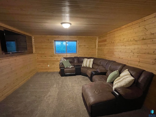 living room featuring wood ceiling, carpet floors, and wooden walls