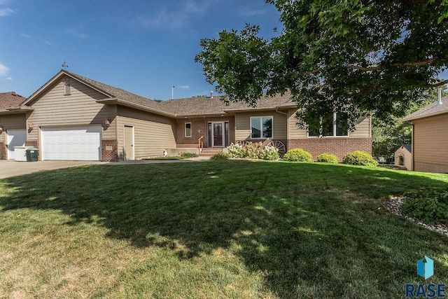 single story home with a front yard and a garage