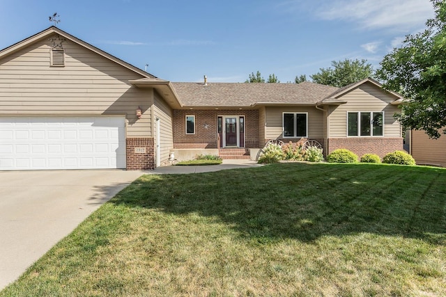 single story home with a front lawn and a garage