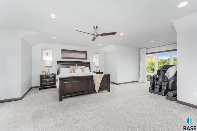 bedroom with light carpet, ceiling fan, baseboards, and recessed lighting