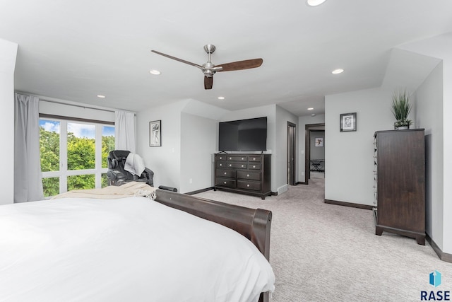 bedroom featuring light carpet, ceiling fan, baseboards, and recessed lighting