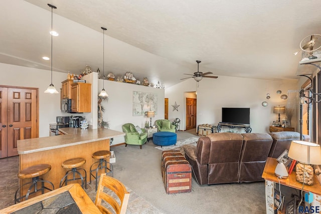 living room featuring light carpet, vaulted ceiling, and ceiling fan