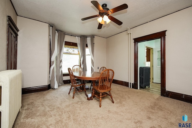 carpeted dining space with baseboards, radiator, ceiling fan, and a textured ceiling