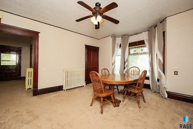 dining space with carpet flooring, a textured ceiling, and radiator heating unit