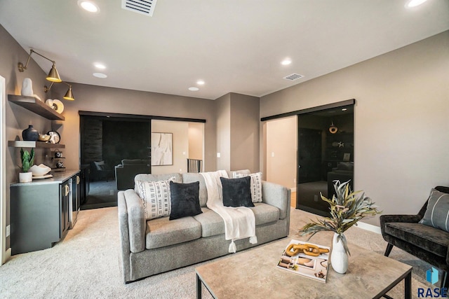 living room featuring light carpet