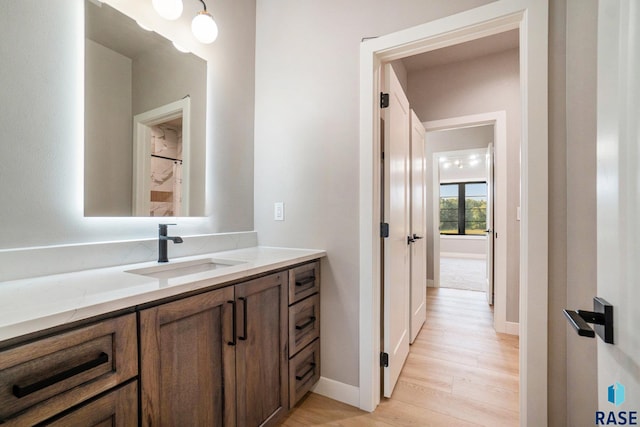 bathroom with hardwood / wood-style flooring and vanity