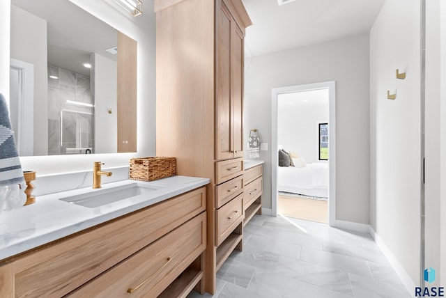 bathroom featuring vanity and a tile shower