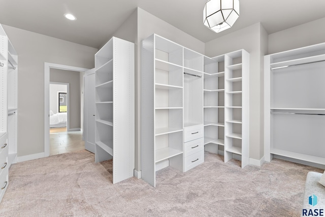 walk in closet with light carpet