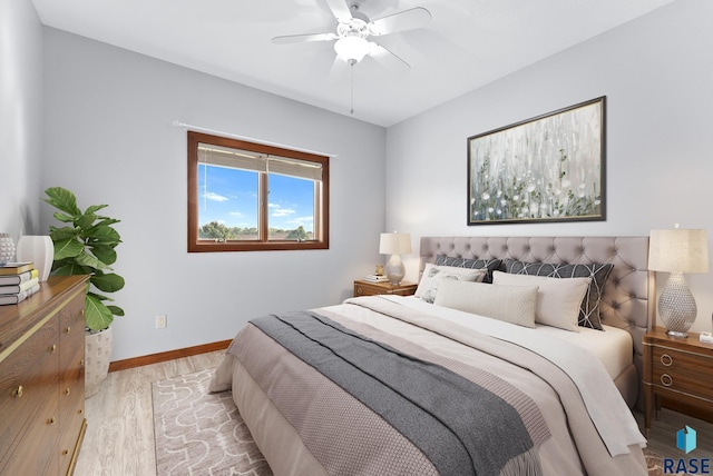 bedroom featuring ceiling fan and light wood-type flooring