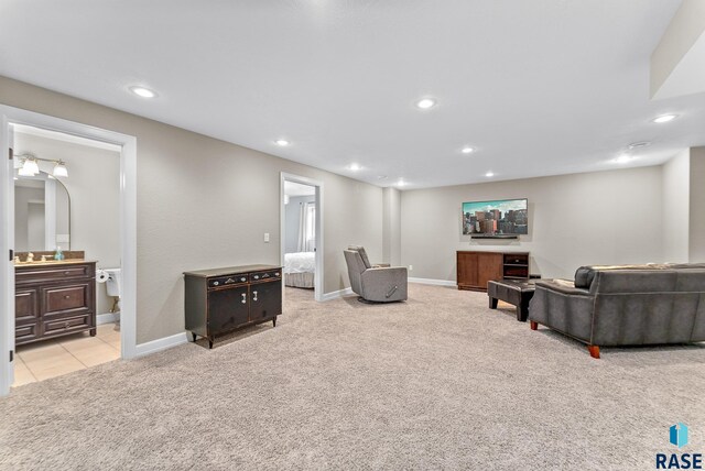 living room with light colored carpet