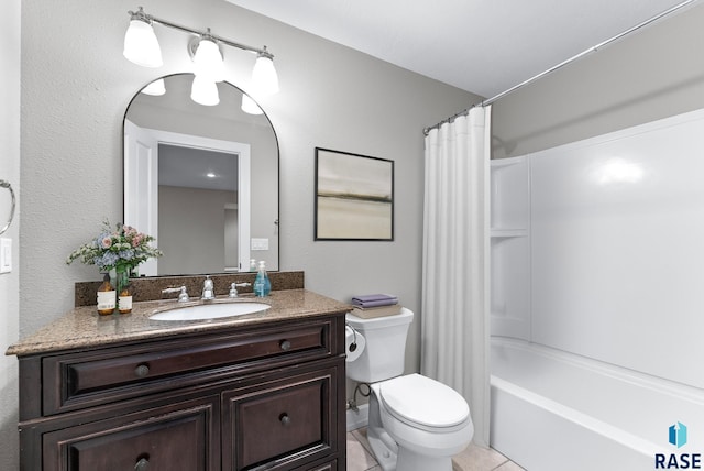 full bathroom with tile patterned flooring, vanity, toilet, and shower / bath combo with shower curtain