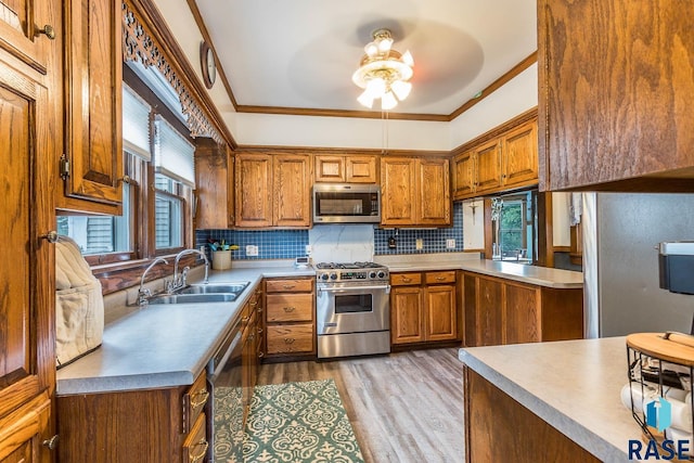 kitchen featuring sink, light hardwood / wood-style flooring, backsplash, appliances with stainless steel finishes, and crown molding