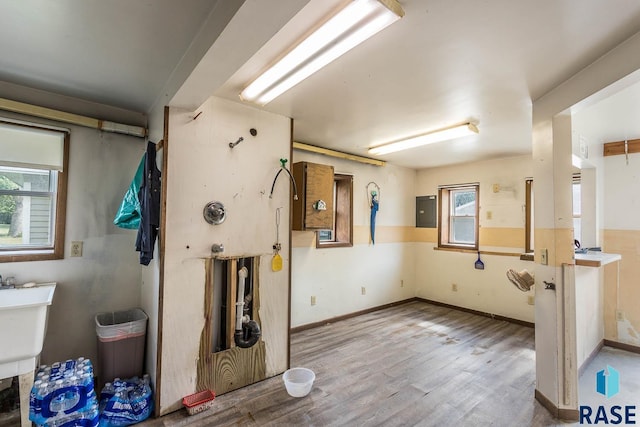 interior space featuring light wood-type flooring and electric panel