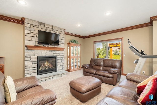 living room featuring crown molding, carpet, and a fireplace