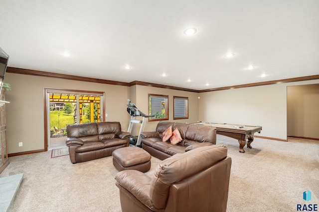 living room with crown molding, light carpet, and pool table