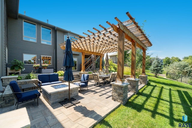 view of patio / terrace with an outdoor living space with a fire pit and a pergola