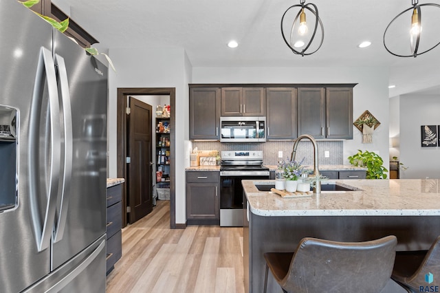 kitchen featuring decorative light fixtures, light wood finished floors, tasteful backsplash, and appliances with stainless steel finishes