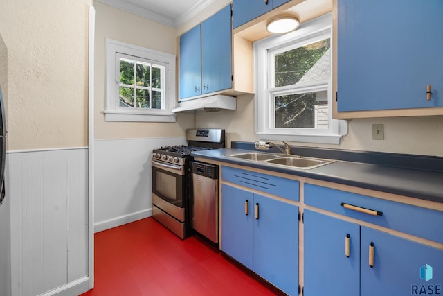 kitchen with ornamental molding, stainless steel appliances, plenty of natural light, and blue cabinetry