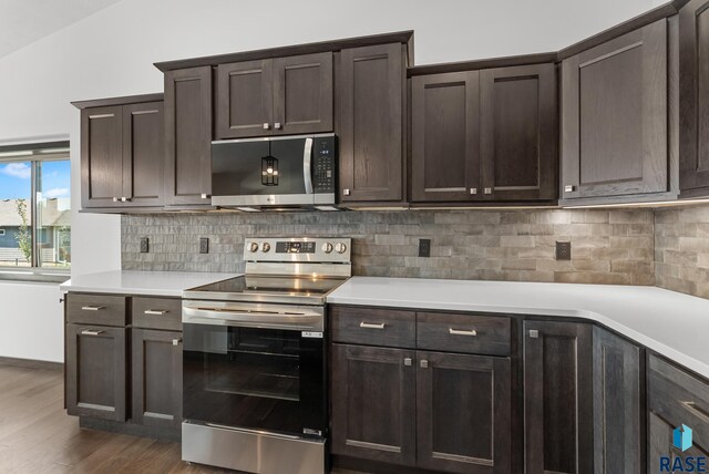 kitchen featuring appliances with stainless steel finishes, decorative backsplash, dark brown cabinetry, and dark wood-type flooring