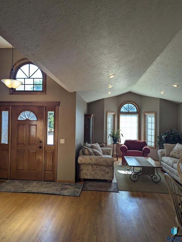 entrance foyer with lofted ceiling, wood-type flooring, and a textured ceiling