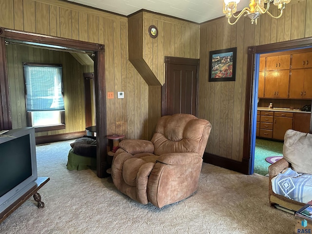 101 N Seaman St, Delmont, SD 57330 - interior space with wooden walls, a chandelier, and carpet