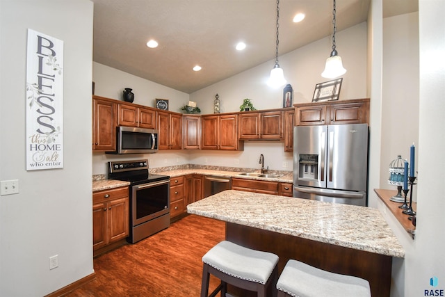 kitchen featuring hanging light fixtures, dark wood-type flooring, stainless steel appliances, lofted ceiling, and sink