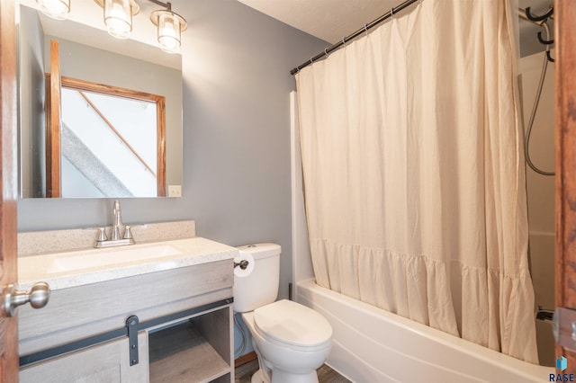 full bathroom featuring vanity, toilet, and shower / bathtub combination with curtain