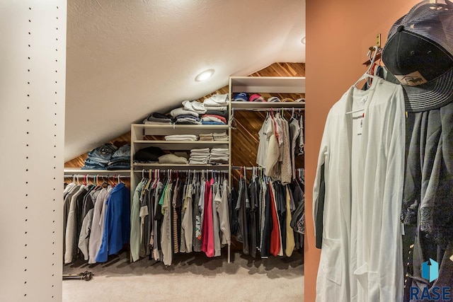 spacious closet with carpet floors and lofted ceiling