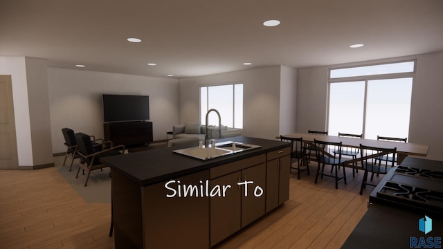 kitchen with a center island with sink, light hardwood / wood-style flooring, sink, and a healthy amount of sunlight