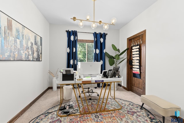 home office with a chandelier