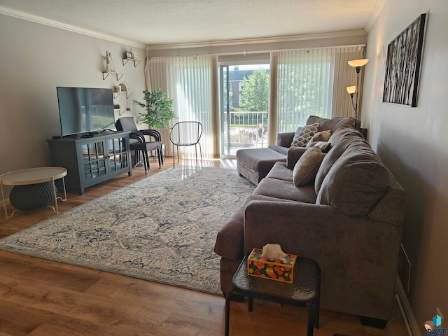 living room with hardwood / wood-style flooring, ornamental molding, and a textured ceiling