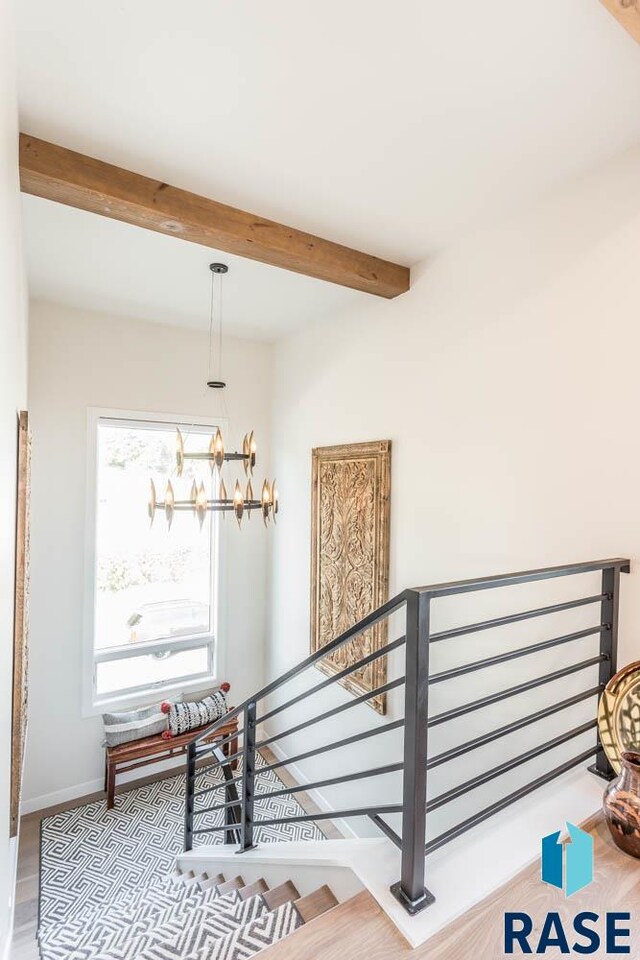 stairs featuring wood-type flooring, an inviting chandelier, and beamed ceiling