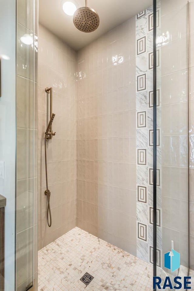 bathroom featuring a shower with shower door