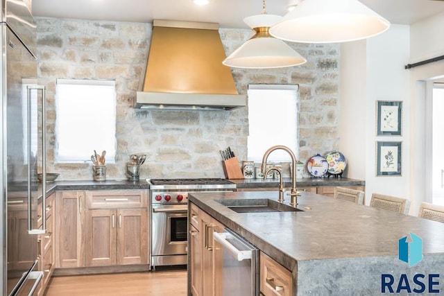 kitchen with a healthy amount of sunlight, wall chimney exhaust hood, premium appliances, and sink