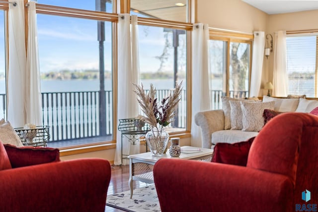 living room featuring wood-type flooring, a water view, and vaulted ceiling