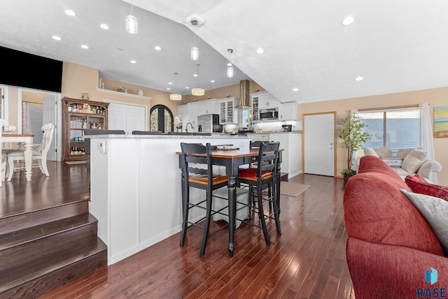 kitchen featuring a spacious island, stainless steel appliances, hanging light fixtures, and dark hardwood / wood-style flooring