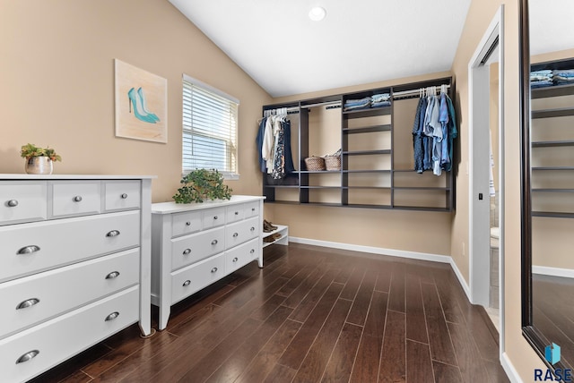 spacious closet with lofted ceiling and dark hardwood / wood-style flooring