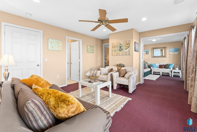 carpeted living room featuring ceiling fan