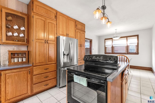 kitchen featuring hanging light fixtures, black electric range oven, light tile patterned floors, backsplash, and stainless steel fridge with ice dispenser