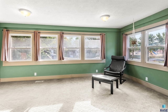 living area with a wealth of natural light, a textured ceiling, and carpet floors