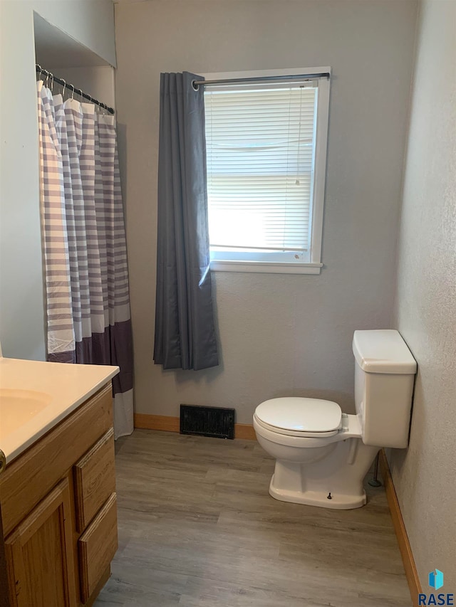 bathroom with wood-type flooring, vanity, and toilet