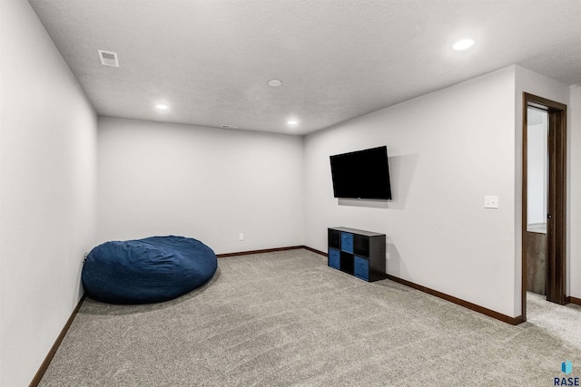 living area featuring carpet floors and a textured ceiling