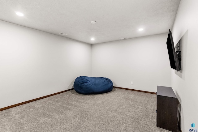 interior space featuring a textured ceiling and carpet flooring