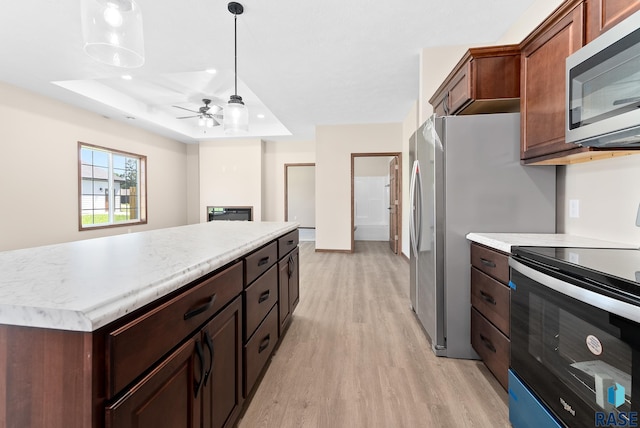 kitchen with a tray ceiling, light hardwood / wood-style flooring, stainless steel appliances, and decorative light fixtures