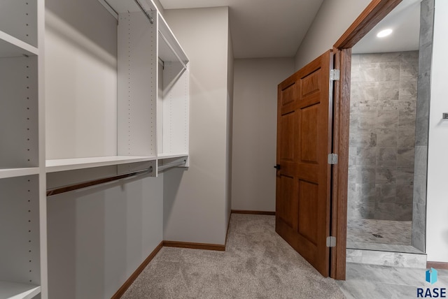 walk in closet featuring light carpet