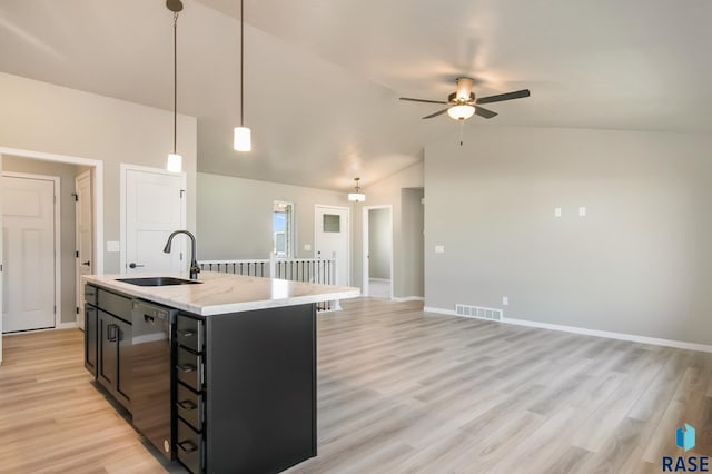 kitchen with pendant lighting, a kitchen island with sink, sink, ceiling fan, and dishwashing machine