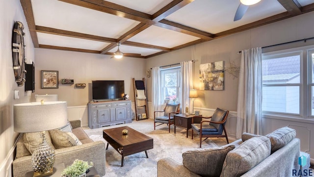 living room with beam ceiling, ceiling fan, and coffered ceiling